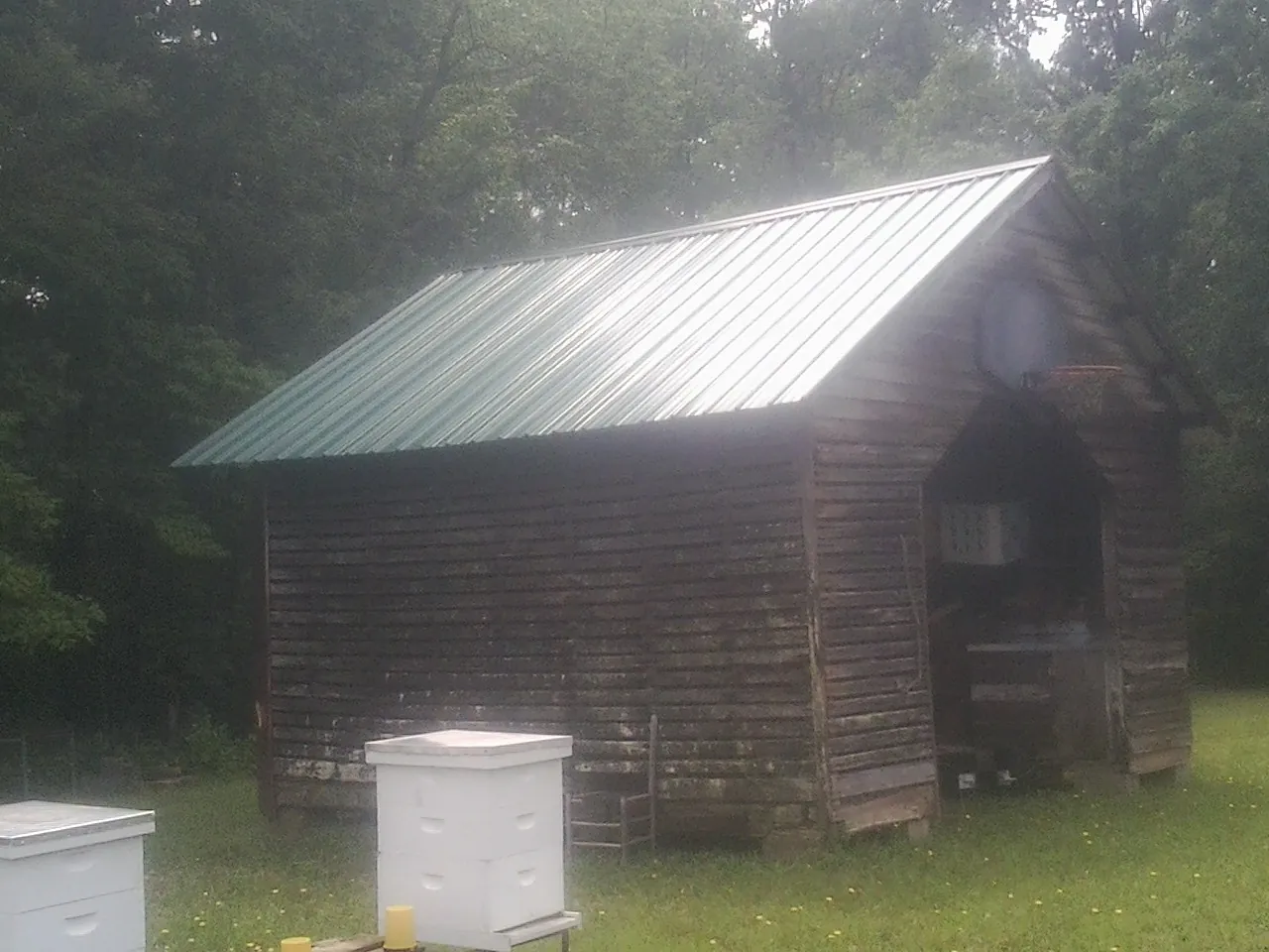 Green metal roof on a weathered barn beside stacked beehives in Lurgan